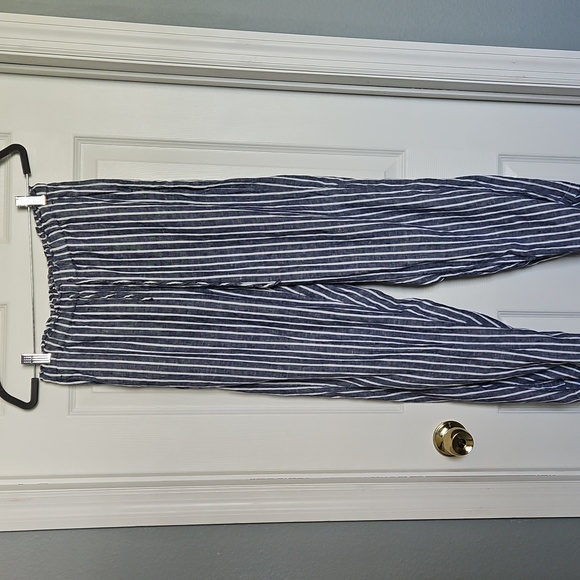 100% LINEN J. Crew Navy Striped Wide Leg Pants - Picture 2 of 8
